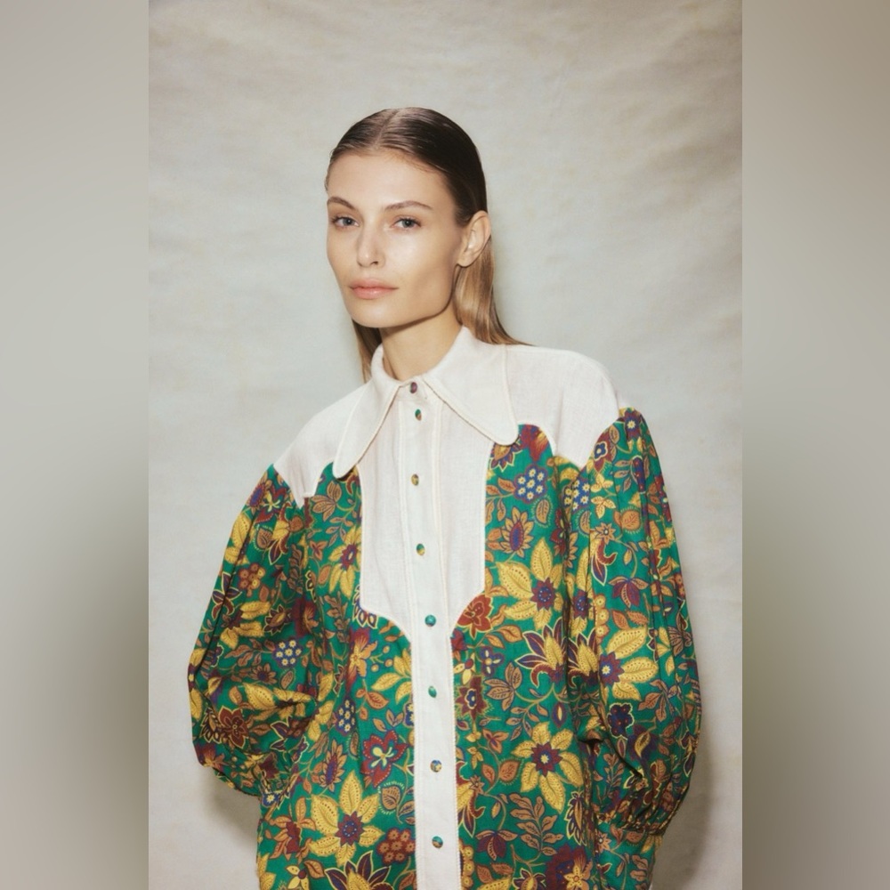 ALÉMAIS Isabella paneled floral-print linen blouse size 6 AUS